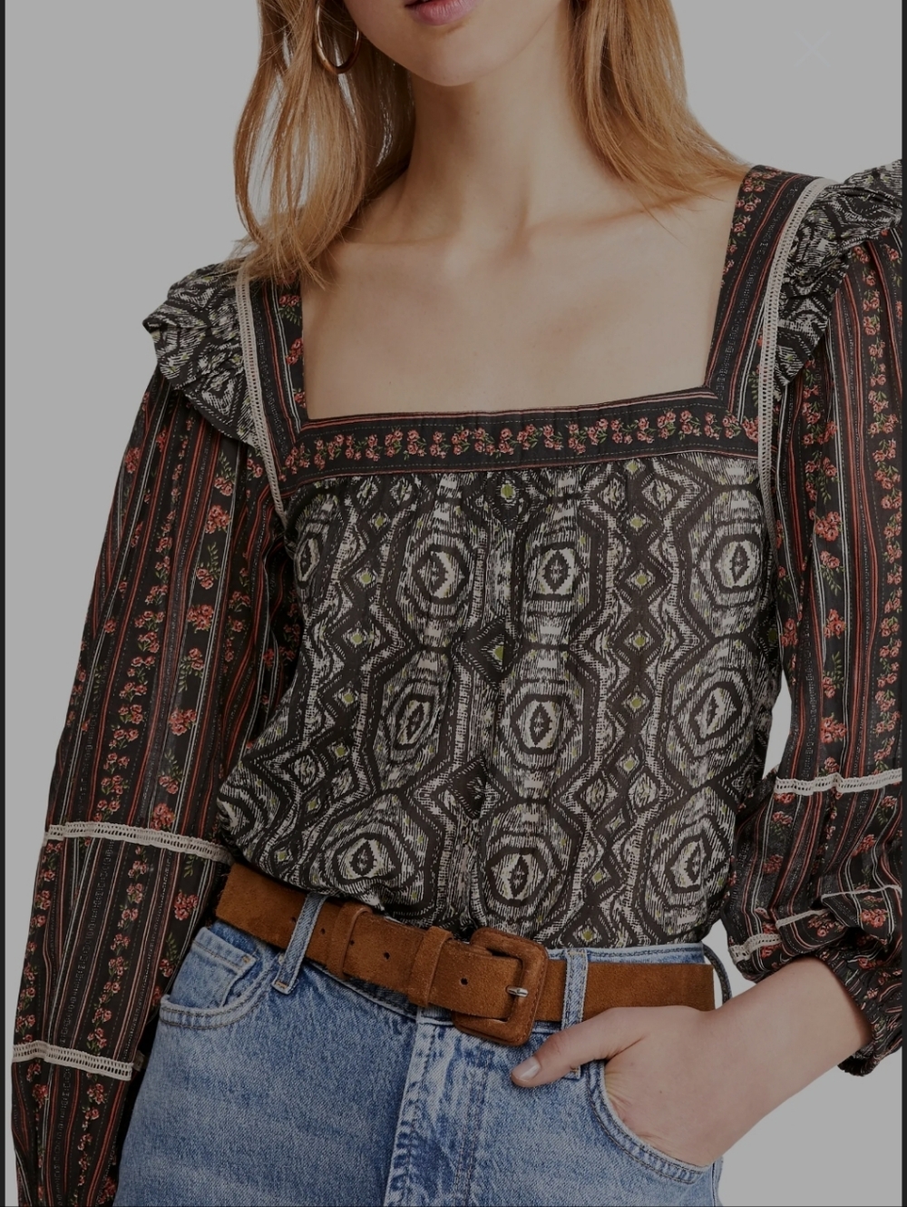 Bohemian Square-Neck Mixed Print Blouse - Black with Rust Accents